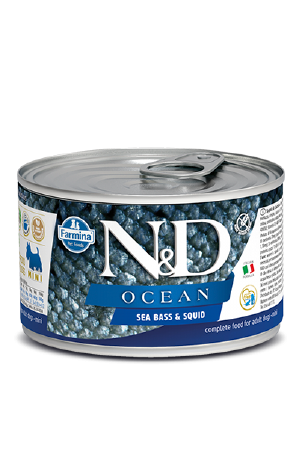 N&D Vlažna hrana konzerva Dog Ocean Mini Sea Bass&Squid 140g
