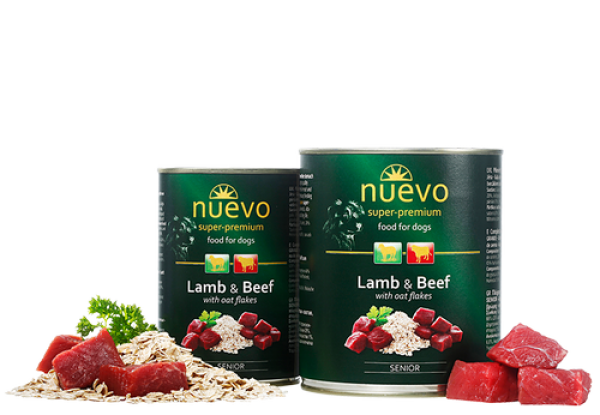 Nuevo Vlažna hrana Senior jagnjetina, govedina, ovsene pahuljice za pse 400g