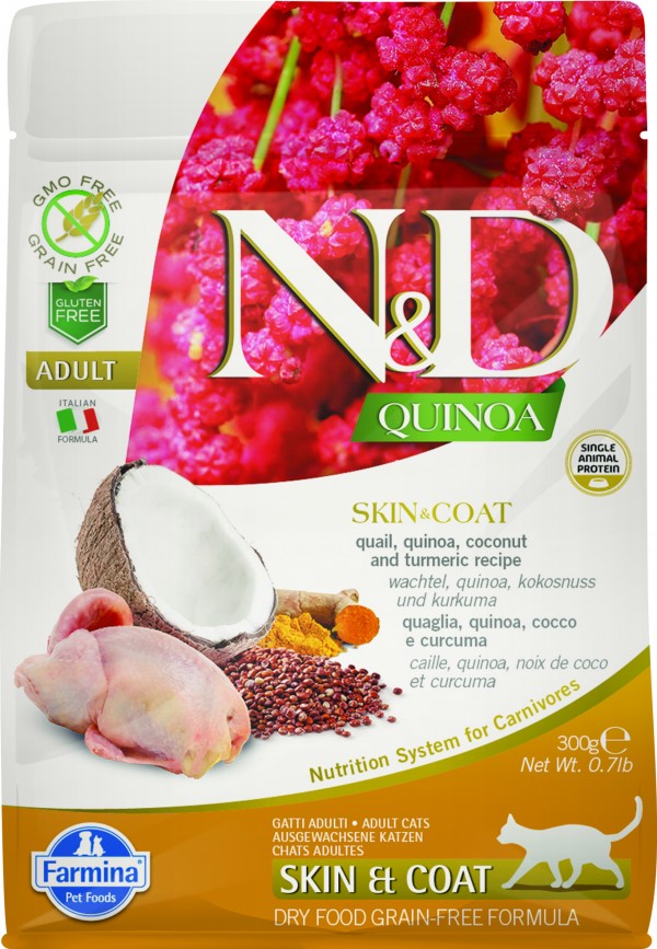 N&D Suva hrana Cat Quinoa Skin&Coat, Quail, Coconut-Curcuma 300g